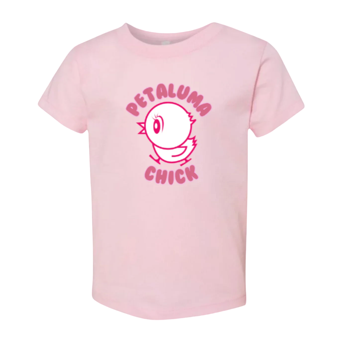 Sonoma Rebel pink cotton t-shirt for toddler girls with a cute chick graphic and "Petaluma Chick" text.