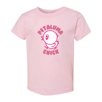 Sonoma Rebel pink cotton t-shirt for toddler girls with a cute chick graphic and "Petaluma Chick" text.