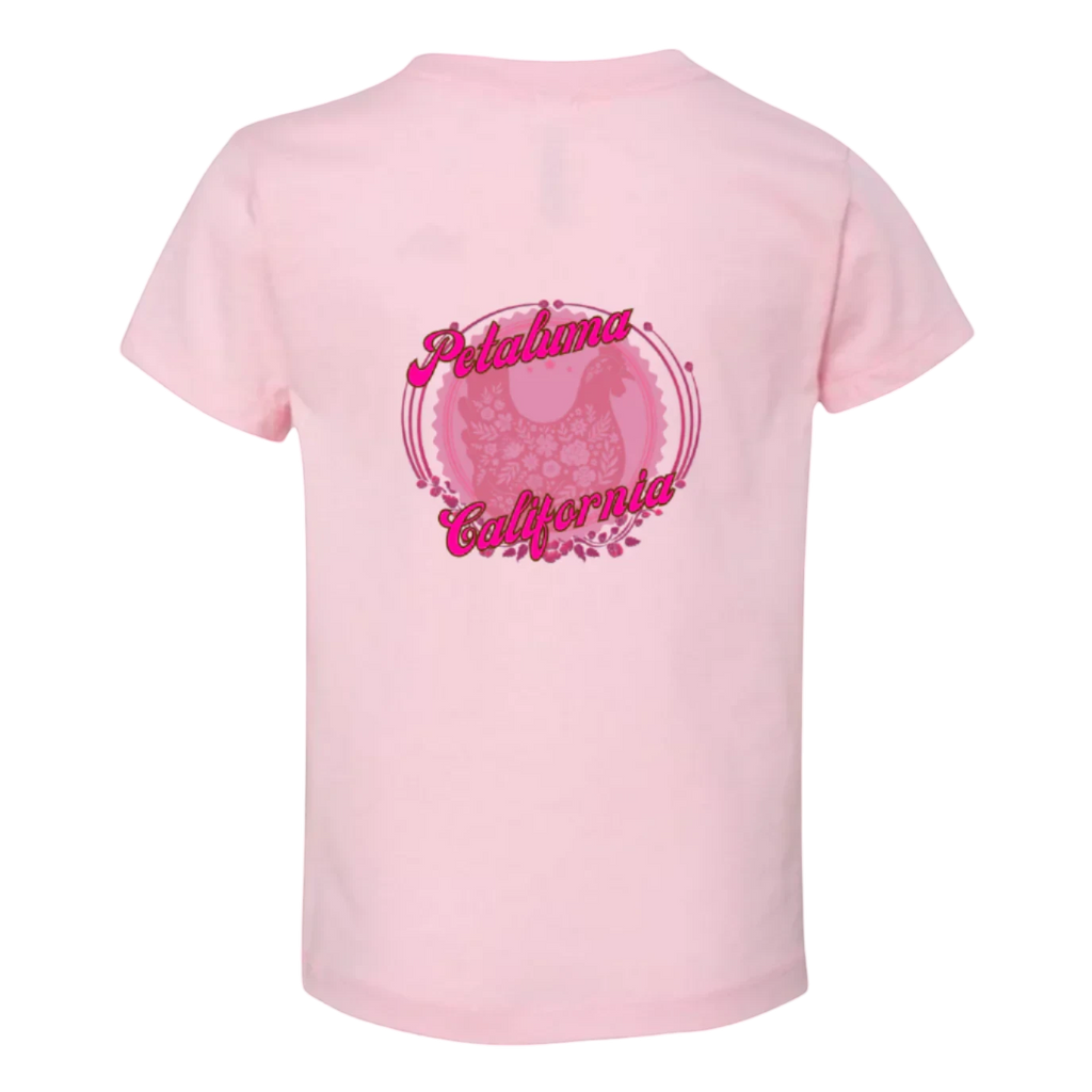 Sonoma Rebel pink cotton t-shirt for toddler girls with a circular graphic featuring a chicken silhouette and "Petaluma California" text.