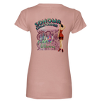 Sonoma Rebel pink V-neck t-shirt with a graphic of a pin-up girl, wine bottles, and