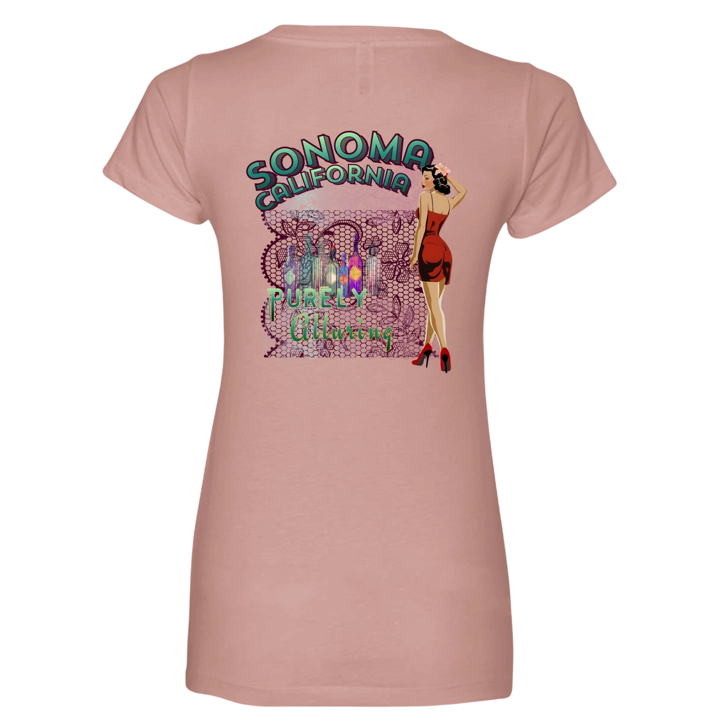 Sonoma Rebel pink V-neck t-shirt with a graphic of a pin-up girl, wine bottles, and
