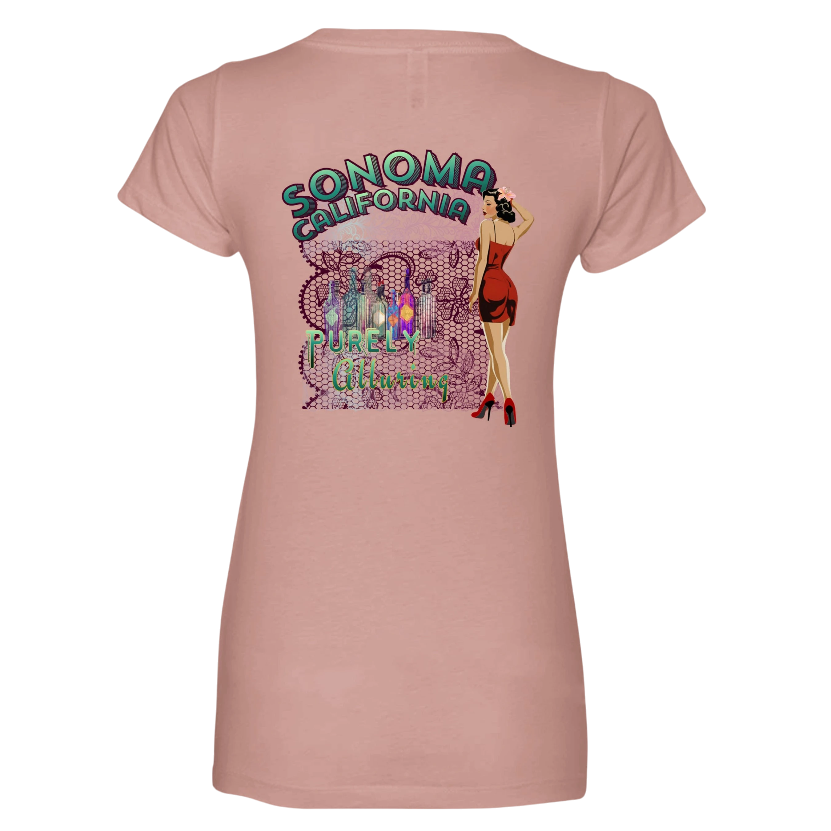 Sonoma Rebel pink V-neck t-shirt with a graphic of a pin-up girl, wine bottles, and