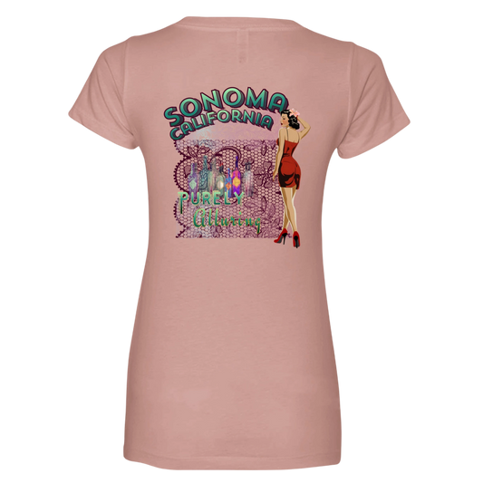 Sonoma Rebel pink V-neck t-shirt with a graphic of a pin-up girl, wine bottles, and