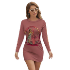 Sonoma Rebel women's long sleeve mini dress in dusty rose with a vintage pin-up graphic and "Pinot Noir" text.