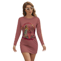 Sonoma Rebel women's long sleeve mini dress in dusty rose with a vintage pin-up graphic and "Pinot Noir" text.
