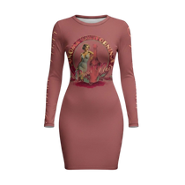 Sonoma Rebel women's long sleeve mini dress in dusty rose with a vintage pin-up graphic and "Pinot Noir" text.