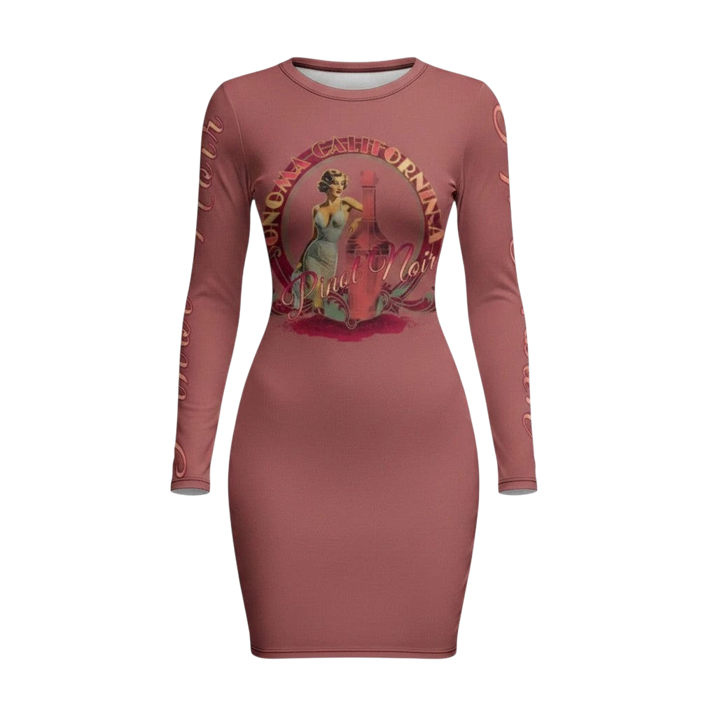 Sonoma Rebel women's long sleeve mini dress in dusty rose with a vintage pin-up graphic and "Pinot Noir" text.