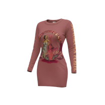 Sonoma Rebel women's long sleeve mini dress in dusty rose with a vintage pin-up graphic and "Pinot Noir" text.