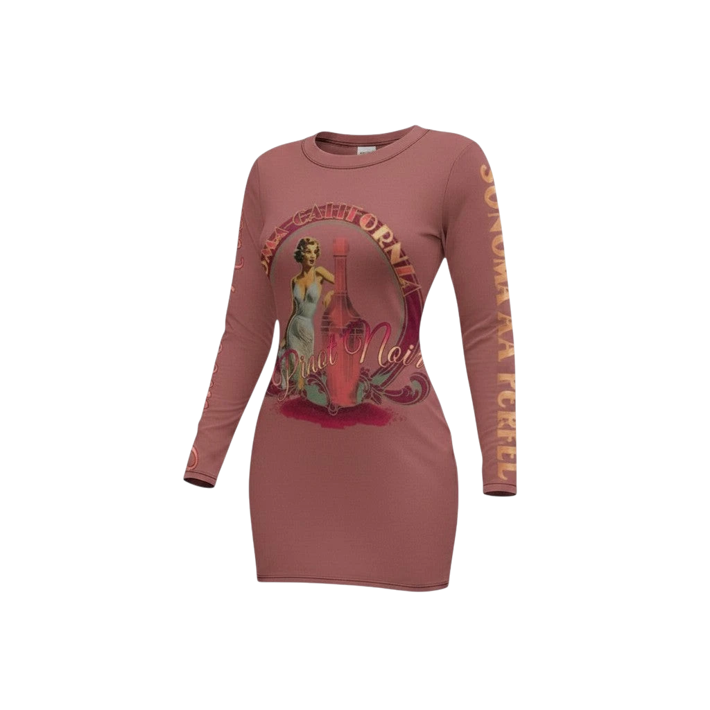 Sonoma Rebel women's long sleeve mini dress in dusty rose with a vintage pin-up graphic and "Pinot Noir" text.