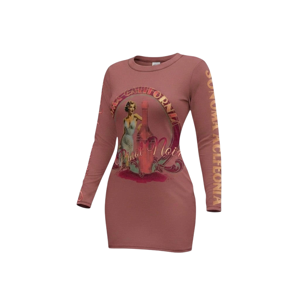 Sonoma Rebel women's long sleeve mini dress in dusty rose with a vintage pin-up graphic and "Pinot Noir" text.