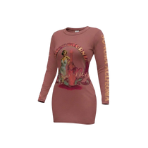 Sonoma Rebel women's long sleeve Pinot Noir dress in dusty rose with vintage pin-up graphic and California text.
