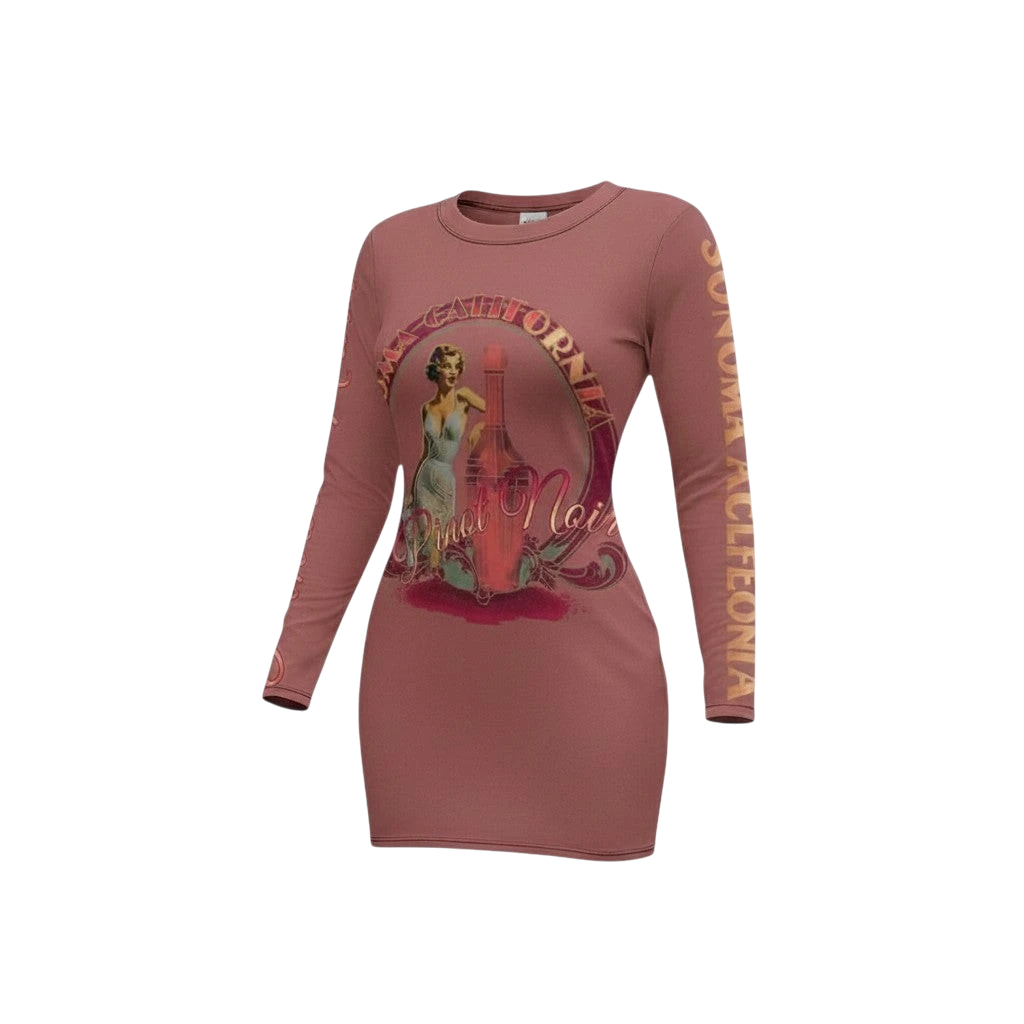 Sonoma Rebel women's long sleeve Pinot Noir dress in dusty rose with vintage pin-up graphic and California text.