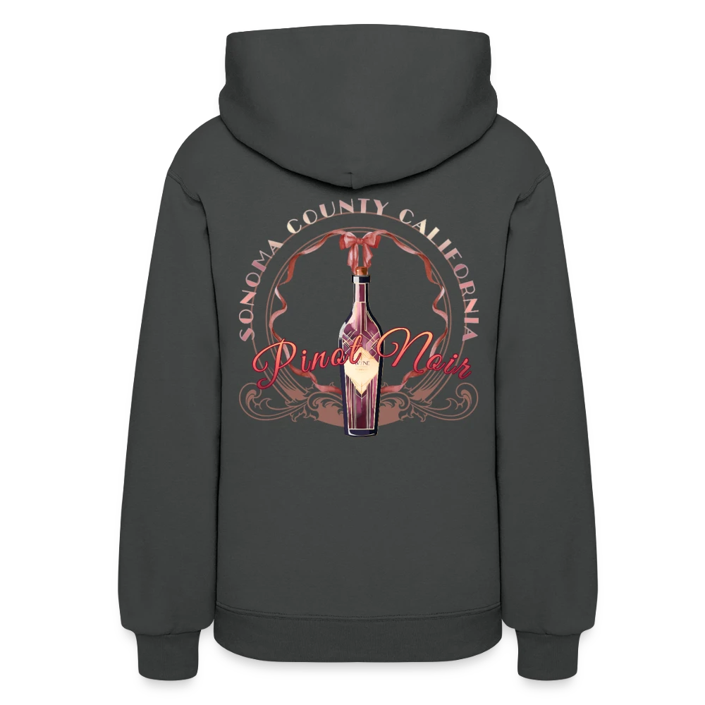 Sonoma Rebel women's dark grey cotton-polyester blend hoodie with a graphic of a Pinot Noir wine bottle and ribbon design.