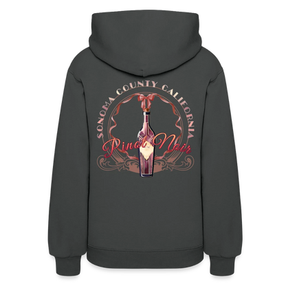 Sonoma Rebel women's dark grey cotton-polyester blend hoodie with a graphic of a Pinot Noir wine bottle and ribbon design.