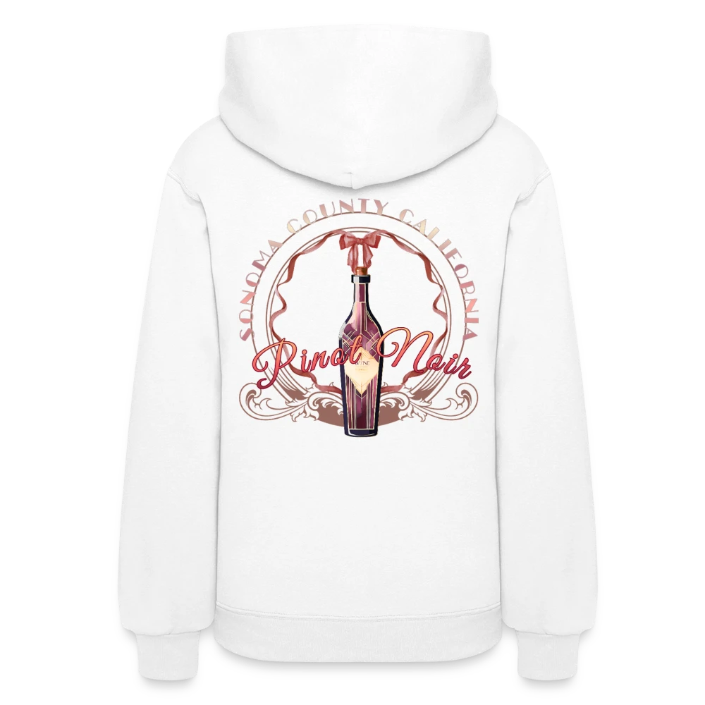 Sonoma Rebel white cotton-polyester blend women's hoodie with a graphic print of a Pinot Noir wine bottle and text.