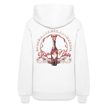 Sonoma Rebel white cotton-polyester blend women's hoodie with a graphic print of a Pinot Noir wine bottle and text.