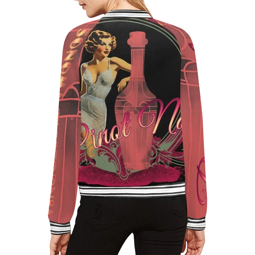 Sonoma Rebel women's bomber jacket with a pin-up girl and Pinot Noir bottle graphic, featuring a polyester-spandex blend and ribbed trim.