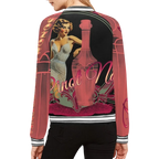 Sonoma Rebel women's bomber jacket with a pin-up girl and Pinot Noir bottle graphic, featuring a polyester-spandex blend and ribbed trim.