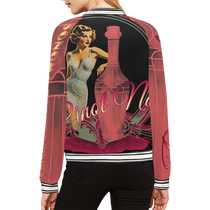 Sonoma Rebel women's bomber jacket with a pin-up girl and Pinot Noir bottle graphic, featuring a polyester-spandex blend and ribbed trim.