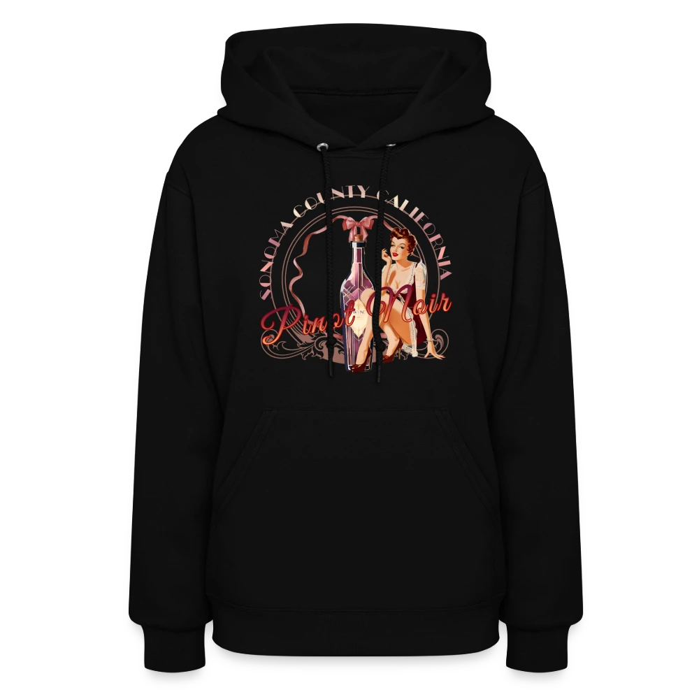 Sonoma Rebel black cotton-polyester blend women's hoodie with a graphic featuring a pinup girl and a bottle of Pinot Noir wine.