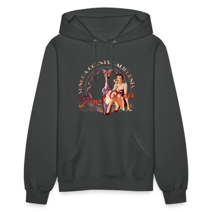 Sonoma Rebel women's dark grey cotton-polyester blend hoodie featuring a pinup girl and Pinot Noir wine bottle graphic.