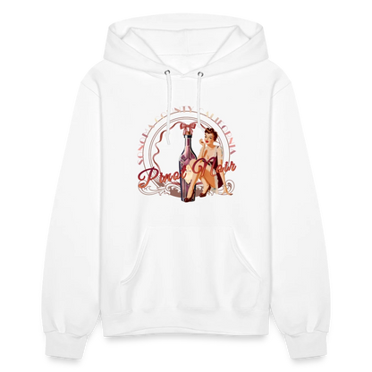 Sonoma Rebel white cotton-polyester blend women's hoodie with adjustable drawstring hood and a graphic featuring a pinup girl and Pinot Noir bottle.