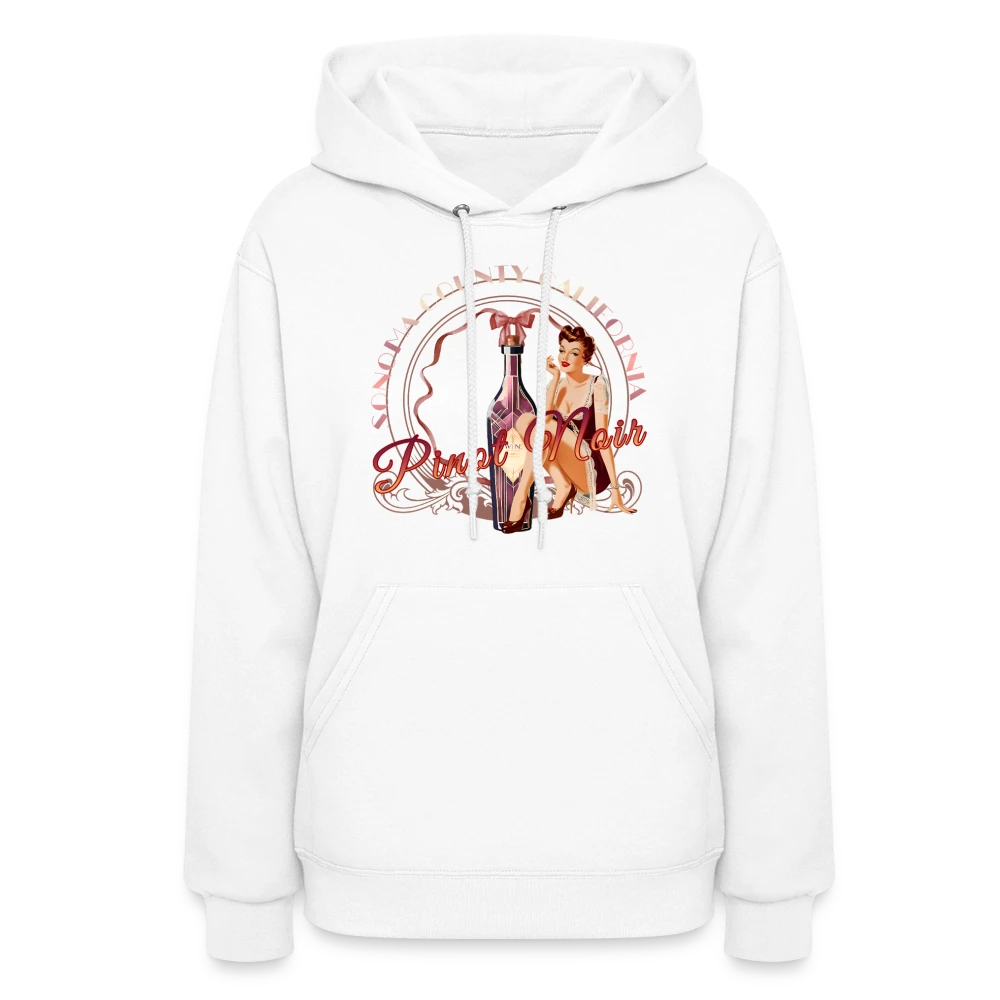 Sonoma Rebel white cotton-polyester blend women's hoodie with a graphic print of a pinup girl and a bottle of Pinot Noir wine.