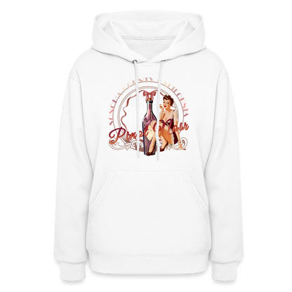 Sonoma Rebel white cotton-polyester blend women's hoodie with a graphic print of a pinup girl and a bottle of Pinot Noir wine.