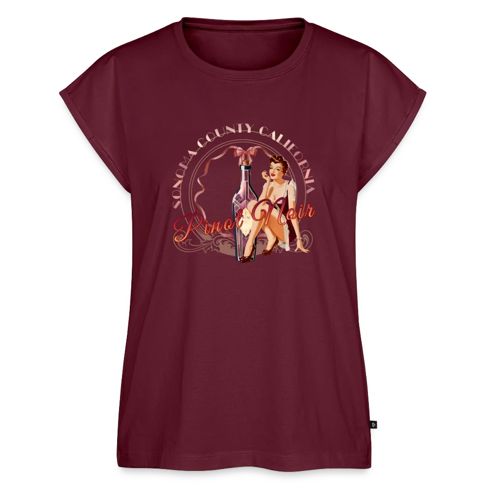Sonoma Rebel women's burgundy t-shirt with pinup girl graphic and Pinot Noir text. Features rolled cuff sleeves and a scoop neck.