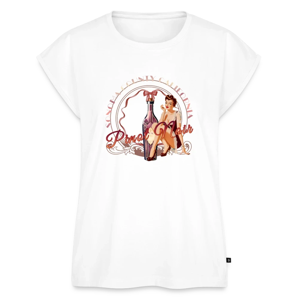 Sonoma Rebel white cotton t-shirt with a graphic of a pinup girl and a bottle of Pinot Noir wine.