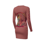 Sonoma Rebel women's long sleeve mini dress in dusty rose with a vintage pin-up girl and wine bottle graphic. Made of polyester and spandex.