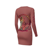 Sonoma Rebel women's long sleeve mini dress in dusty rose with a vintage pin-up girl and wine bottle graphic. Made of polyester and spandex.