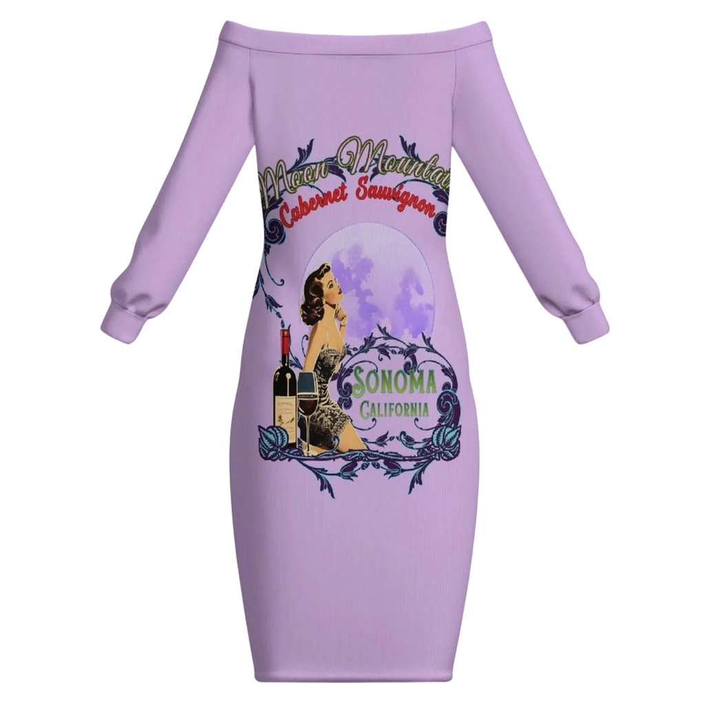Sonoma Rebel light purple off-the-shoulder bodycon midi dress with long sleeves featuring a vintage pinup graphic and wine bottle.