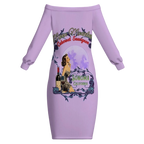 Sonoma Rebel light purple off-the-shoulder bodycon midi dress with long sleeves featuring a vintage pinup graphic and wine bottle.