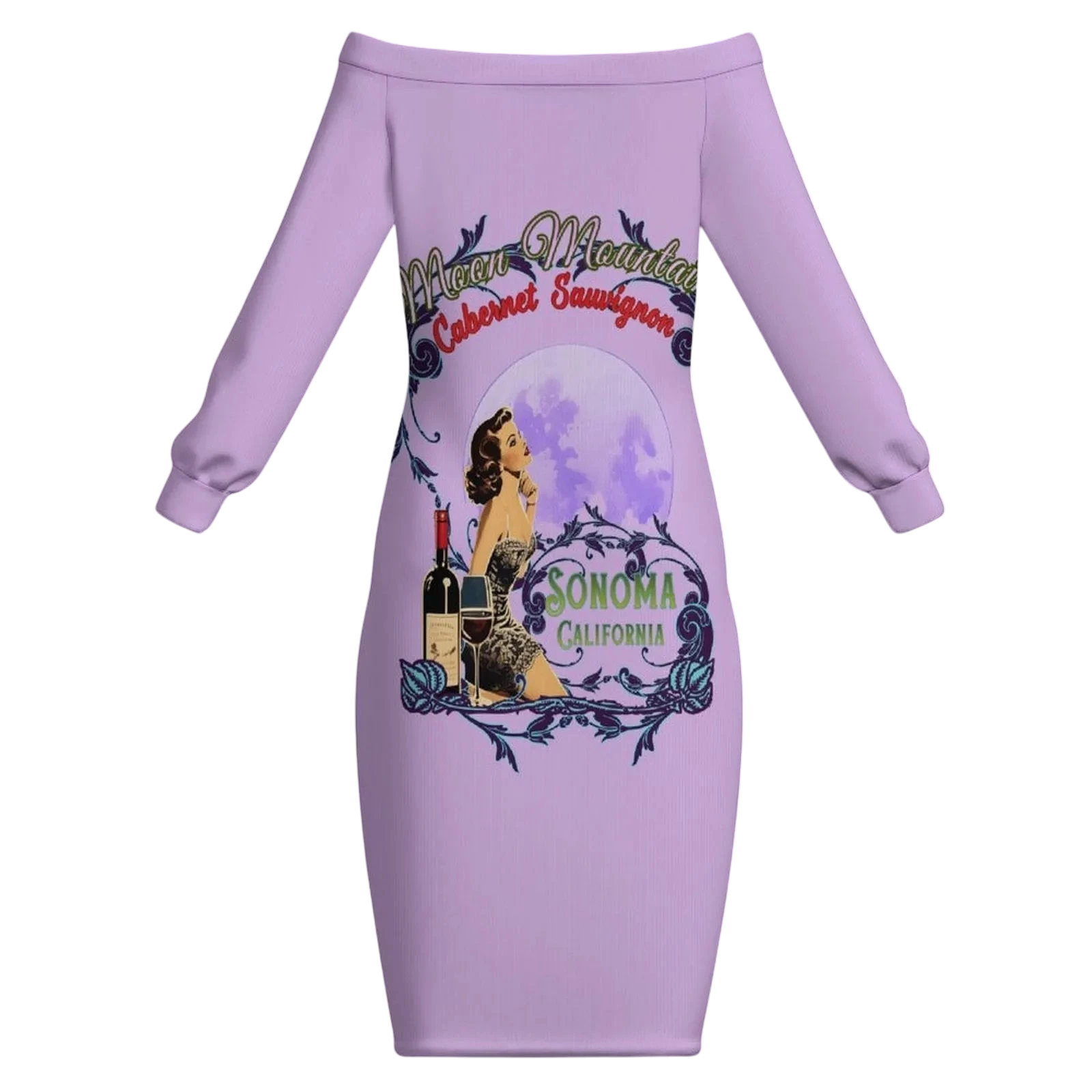 Sonoma Rebel light purple off-the-shoulder bodycon midi dress with long sleeves featuring a vintage pinup graphic and wine bottle. Main image