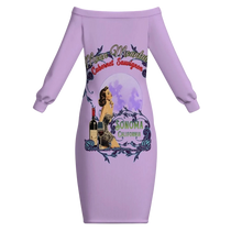 Sonoma Rebel light purple off-the-shoulder bodycon midi dress with long sleeves featuring a vintage pinup graphic and wine bottle.