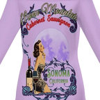 Sonoma Rebel vintage pinup dress in light purple with off-the-shoulder neckline and long sleeves. Features a graphic of a woman, wine bottle, and moon.