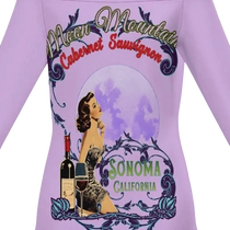Sonoma Rebel vintage pinup dress in light purple with off-the-shoulder neckline and long sleeves. Features a graphic of a woman, wine bottle, and moon.