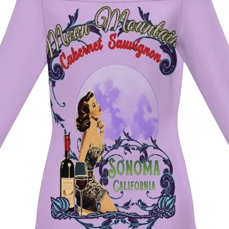 Sonoma Rebel vintage pinup dress in light purple with off-the-shoulder neckline and long sleeves. Features a graphic of a woman, wine bottle, and moon.