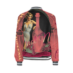 Sonoma Rebel women's bomber jacket with a vintage pin-up girl and wine bottle graphic. Features a polyester-spandex blend and ribbed trim.