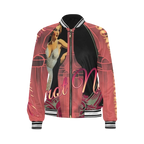 Sonoma Rebel women's bomber jacket with a vintage pin-up graphic in pink and black, featuring a zipper and ribbed trim.