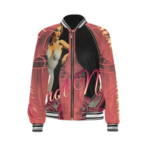 Sonoma Rebel women's bomber jacket with a vintage pin-up graphic in pink and black, featuring a zipper and ribbed trim.