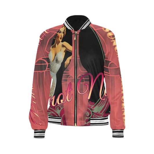 Sonoma Rebel women's bomber jacket with a vintage pin-up graphic in pink and black, featuring a zipper and ribbed trim.