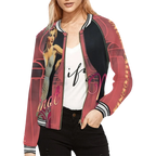 Sonoma Rebel women's bomber jacket in red with a vintage pin-up graphic print, black sleeves, and striped ribbed trim.