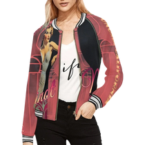 Sonoma Rebel women's bomber jacket in red with a vintage pin-up graphic print, black sleeves, and striped ribbed trim.