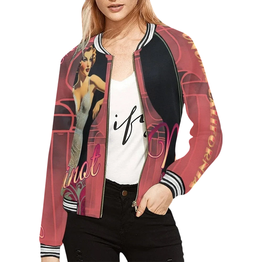 Sonoma Rebel women's bomber jacket in red with a vintage pin-up graphic print, black sleeves, and striped ribbed trim.