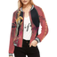 Sonoma Rebel women's bomber jacket in red with a vintage pin-up graphic print, black sleeves, and striped ribbed trim.