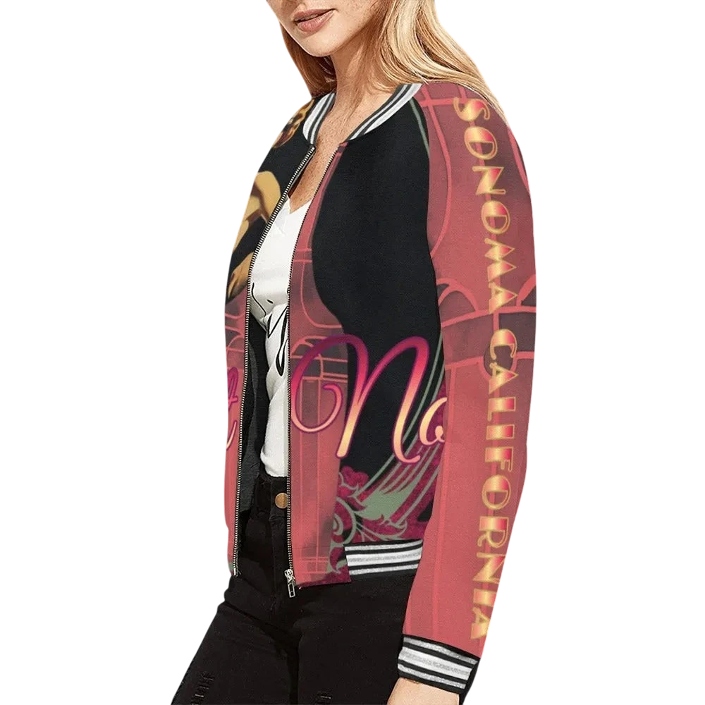 Sonoma Rebel women's bomber jacket in red with black sleeves, featuring a pin-up graphic and "Sonoma California" text. Ribbed collar, cuffs, and hem.