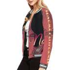 Sonoma Rebel women's bomber jacket in red with black sleeves, featuring a pin-up graphic and "Sonoma California" text. Ribbed collar, cuffs, and hem.
