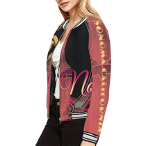 Sonoma Rebel women's bomber jacket in red with black sleeves, featuring a pin-up graphic and "Sonoma California" text. Ribbed collar, cuffs, and hem.